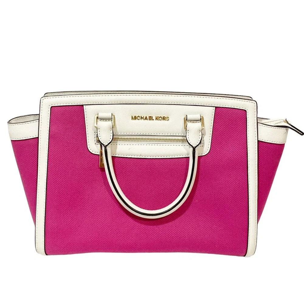 MICHAEL KORS Pink Canvas w/ White Leather Trim‎ Handbag Satchel Crossbody Bag